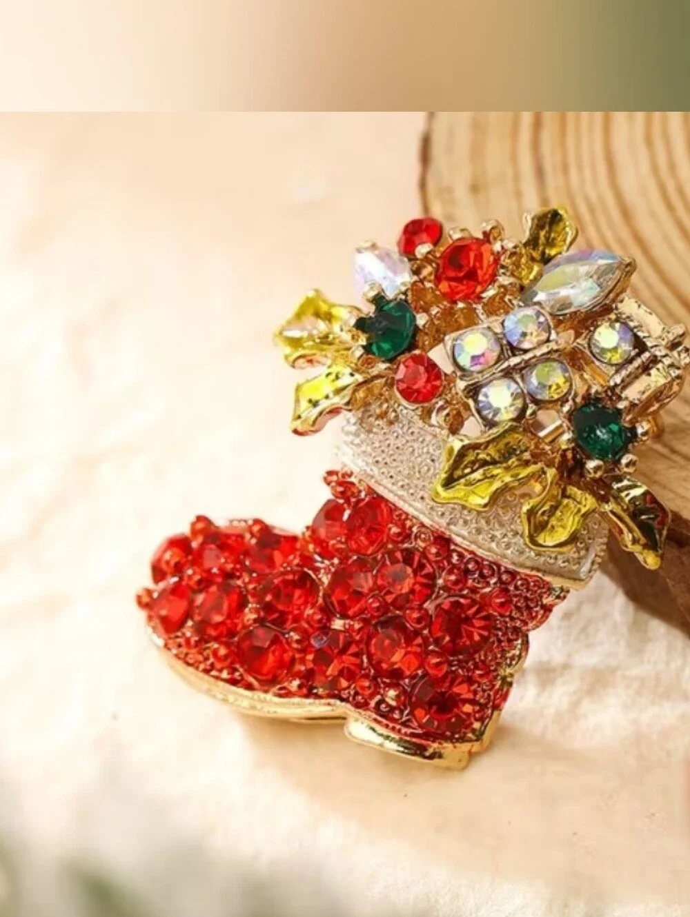 Festive Red Crystal Christmas Stocking Brooch - Women Jewelry